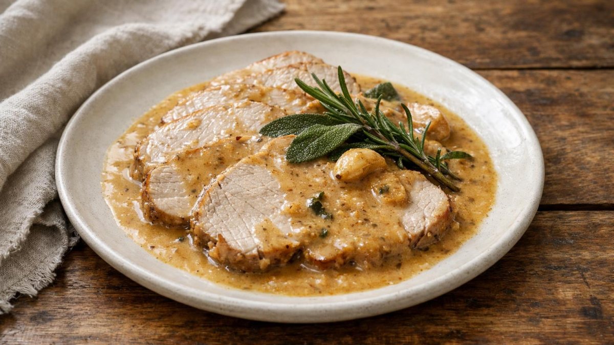 Un piatto di arrosto di maiale al latte