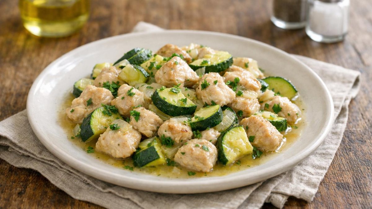 Un piatto di bocconcini di tacchino con zucchine