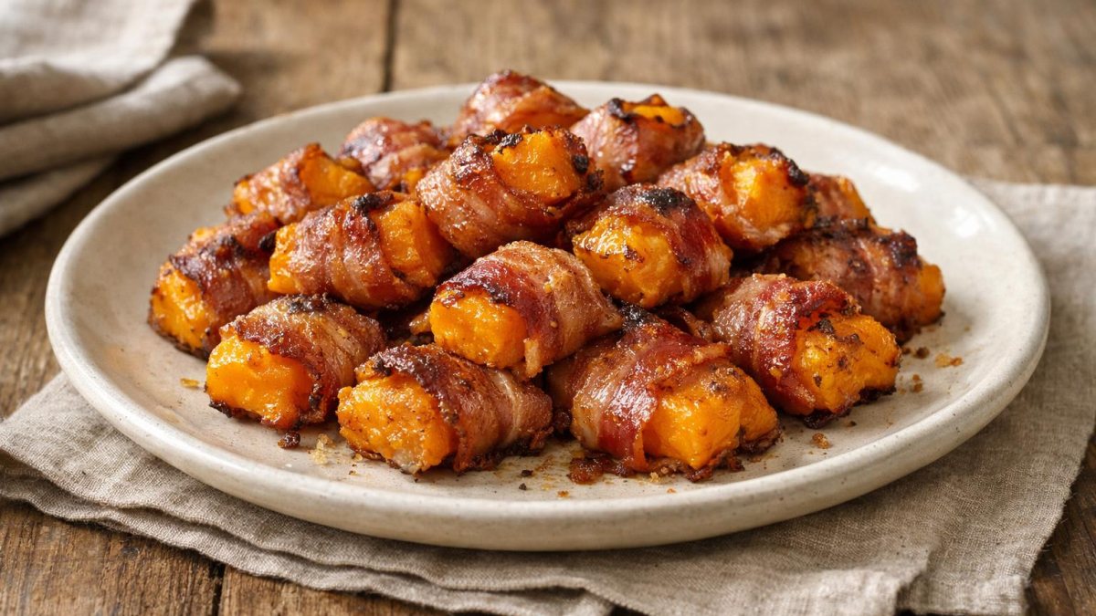 Un piatto di bocconcini di zucca e pancetta
