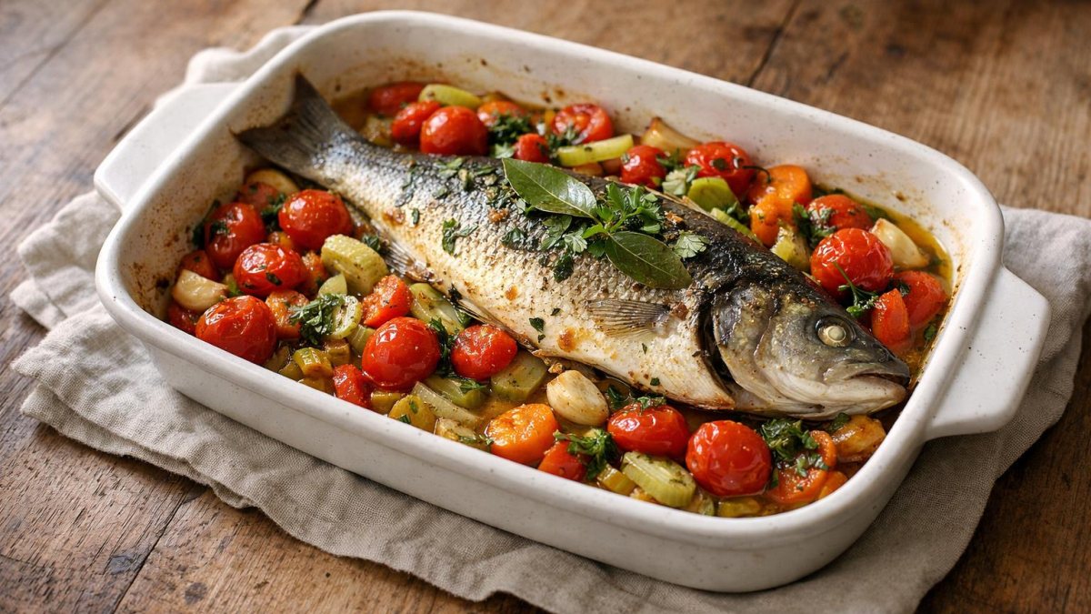 Un piatto di branzino al forno