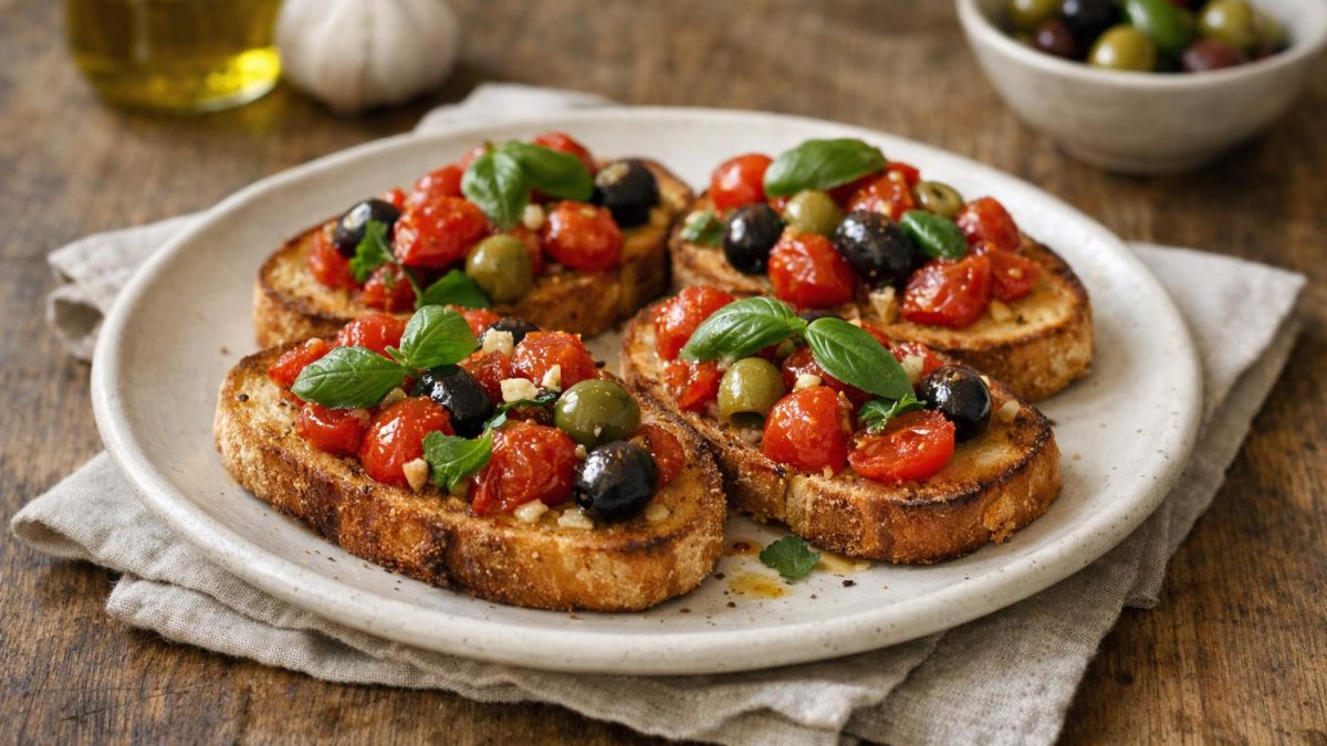 Un piatto di bruschette con olive e pomodori