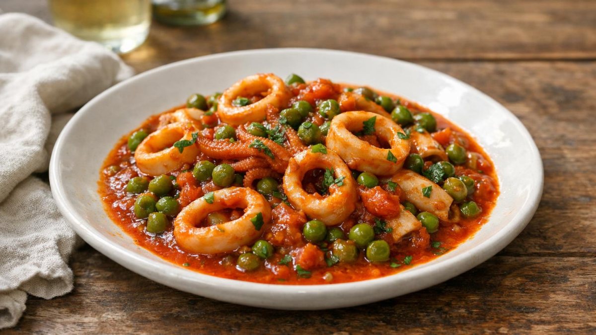 Un piatto di calamari con piselli in umido