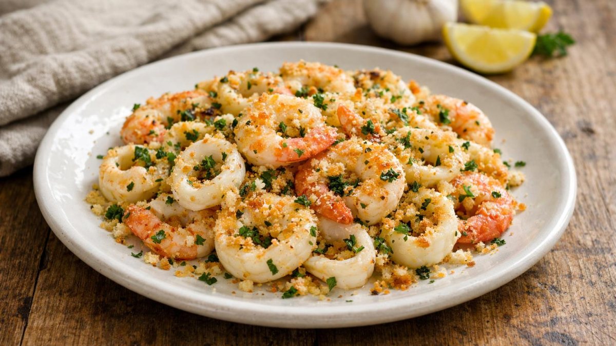 Un piatto di calamari e gamberi gratinati al forno