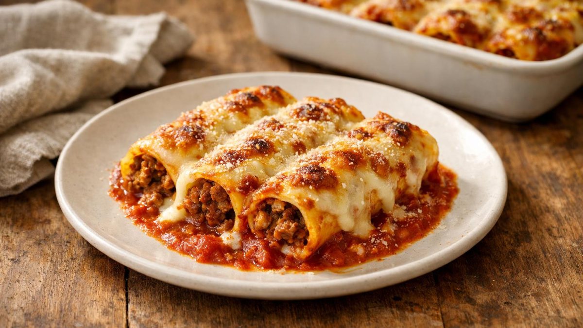Un piatto di cannelloni di carne (tubi pasta secca)