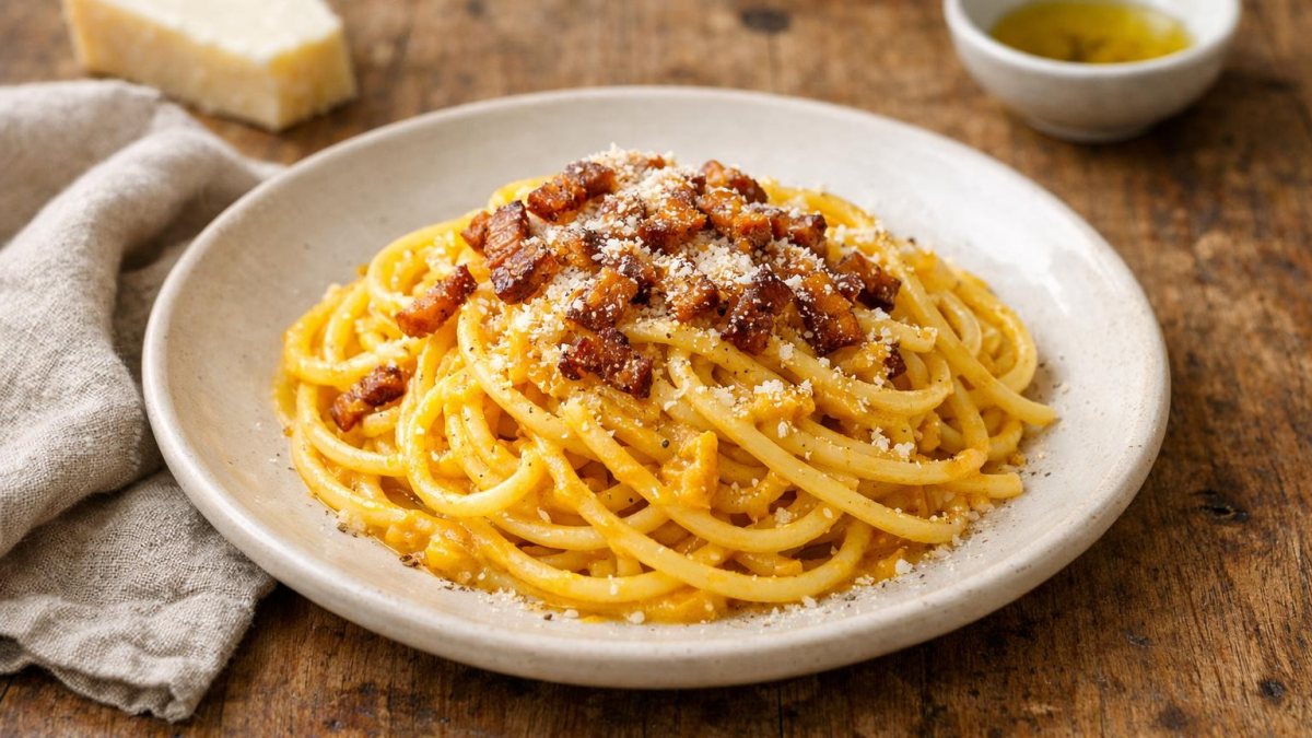 Un piatto di spaghetti alla carbonara  con crema di zucca