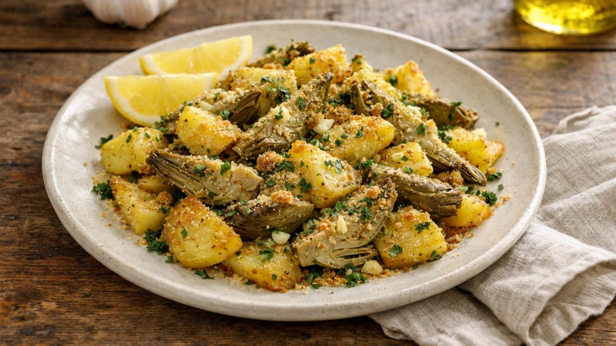 Un piatto di carciofi e patate al forno