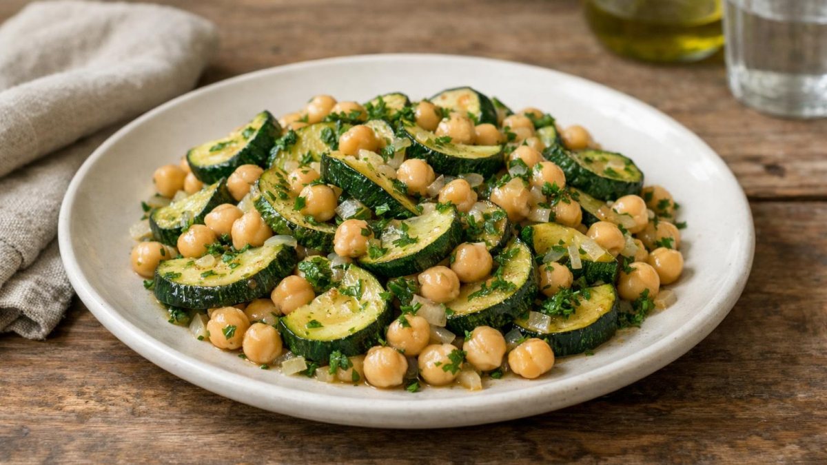 Un piatto di ceci in scatola  e zucchine in padella