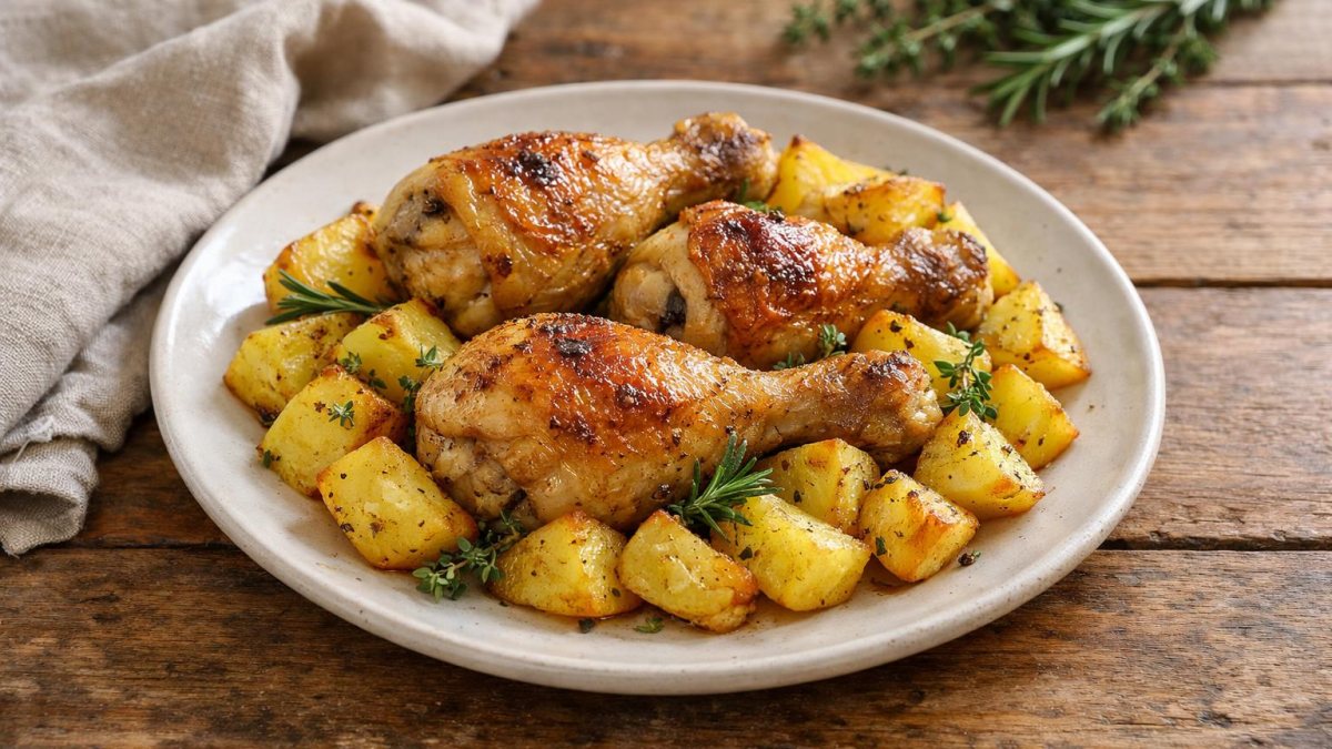 Un piatto di cosce di pollo al forno con patate