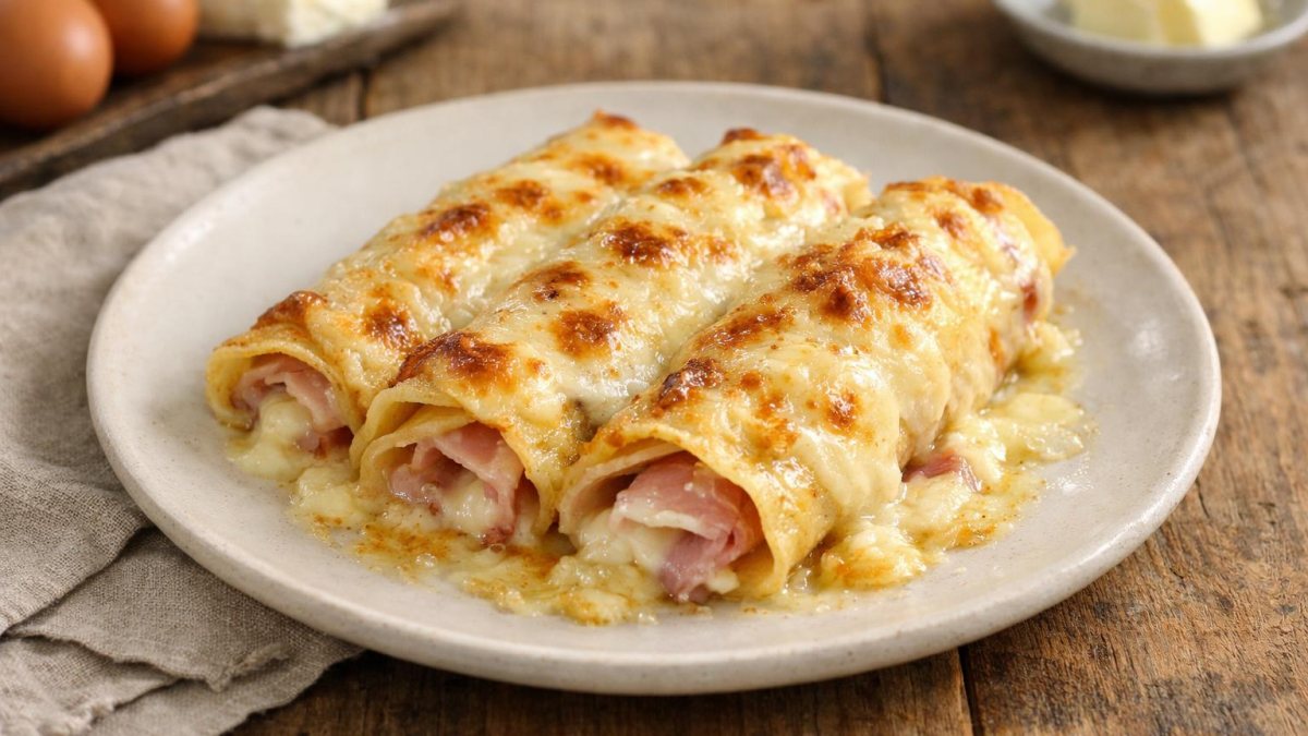 Un piatto di crespelle prosciutto e mozzarella