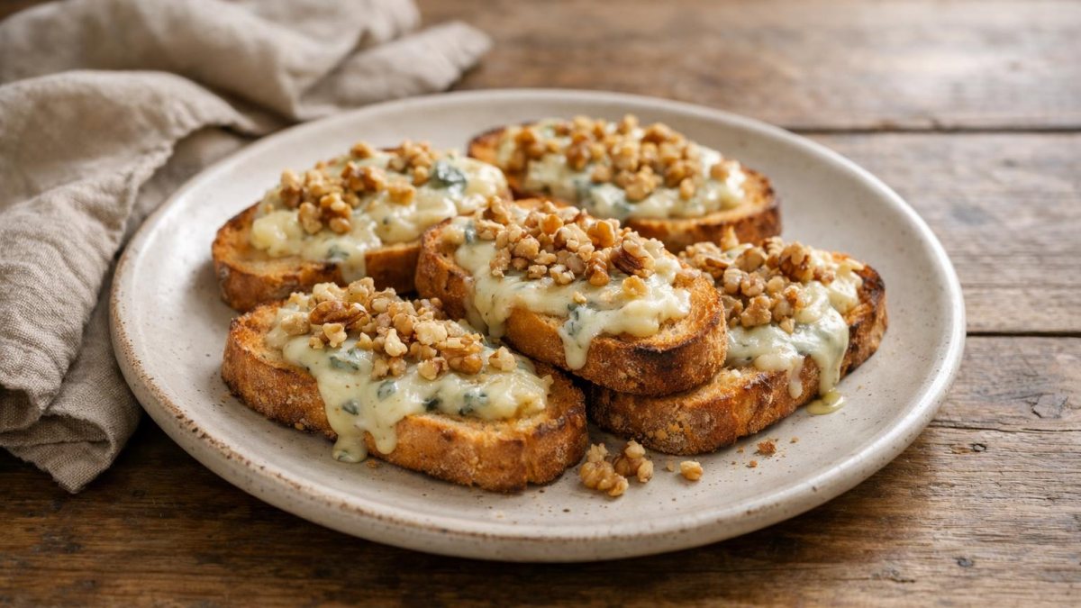 Un piatto di crostini al gorgonzola e noci