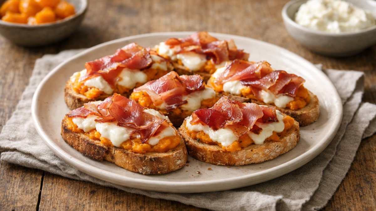 Un piatto di crostini con zucca, stracchino e speck