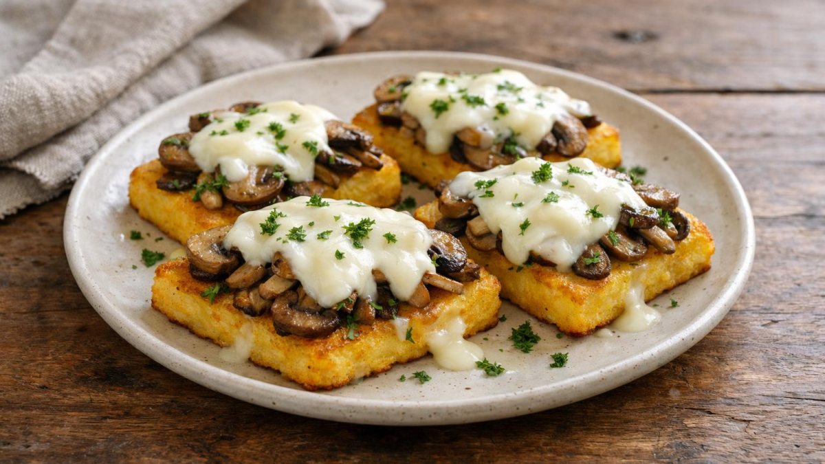 Un piatto di crostini di polenta con funghi e stracchino