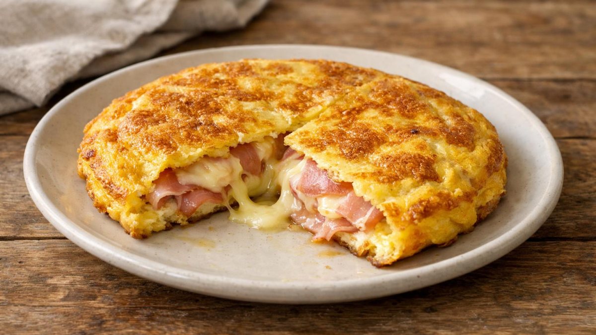Un piatto di frittata di prosciutto e formaggio