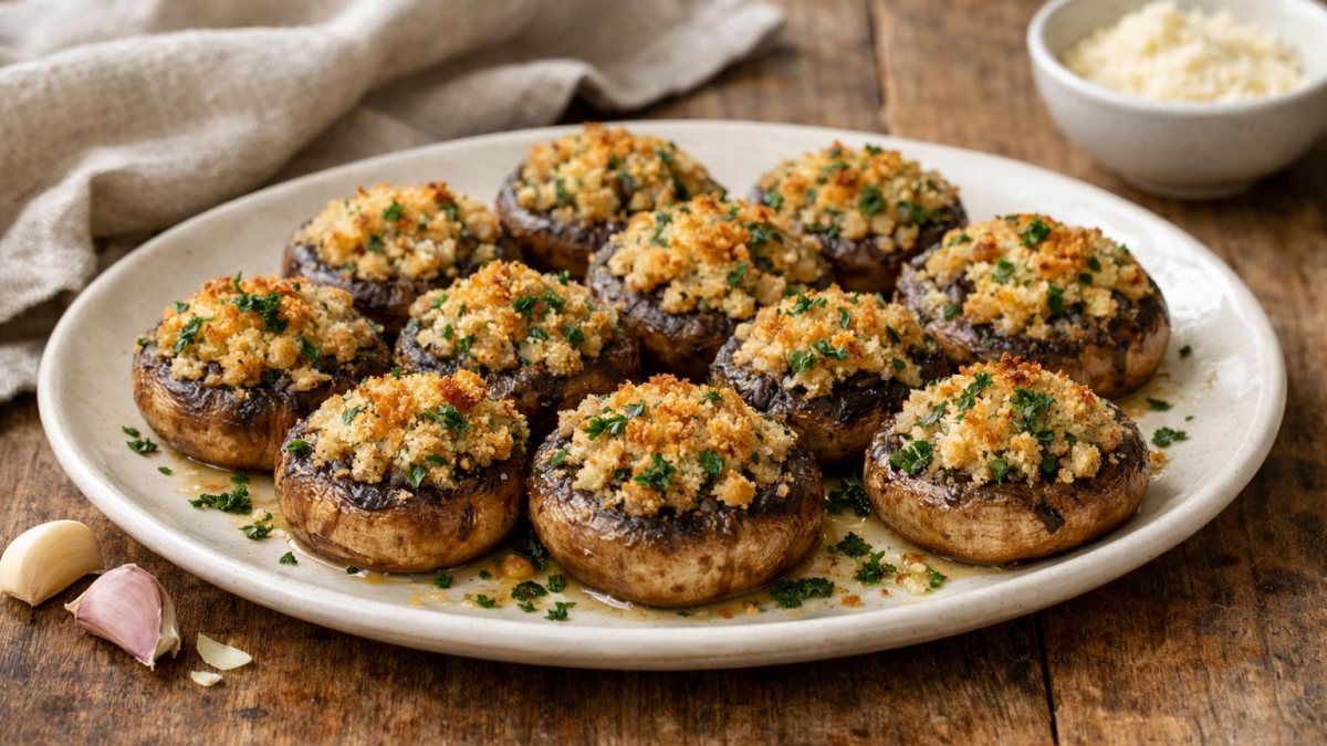 Un piatto di funghi ripieni al forno