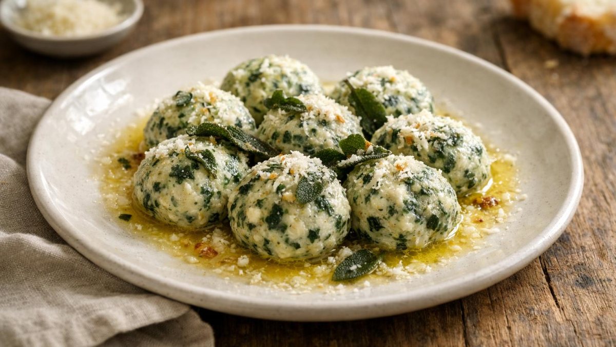 Un piatto di gnudi ricotta e spinaci