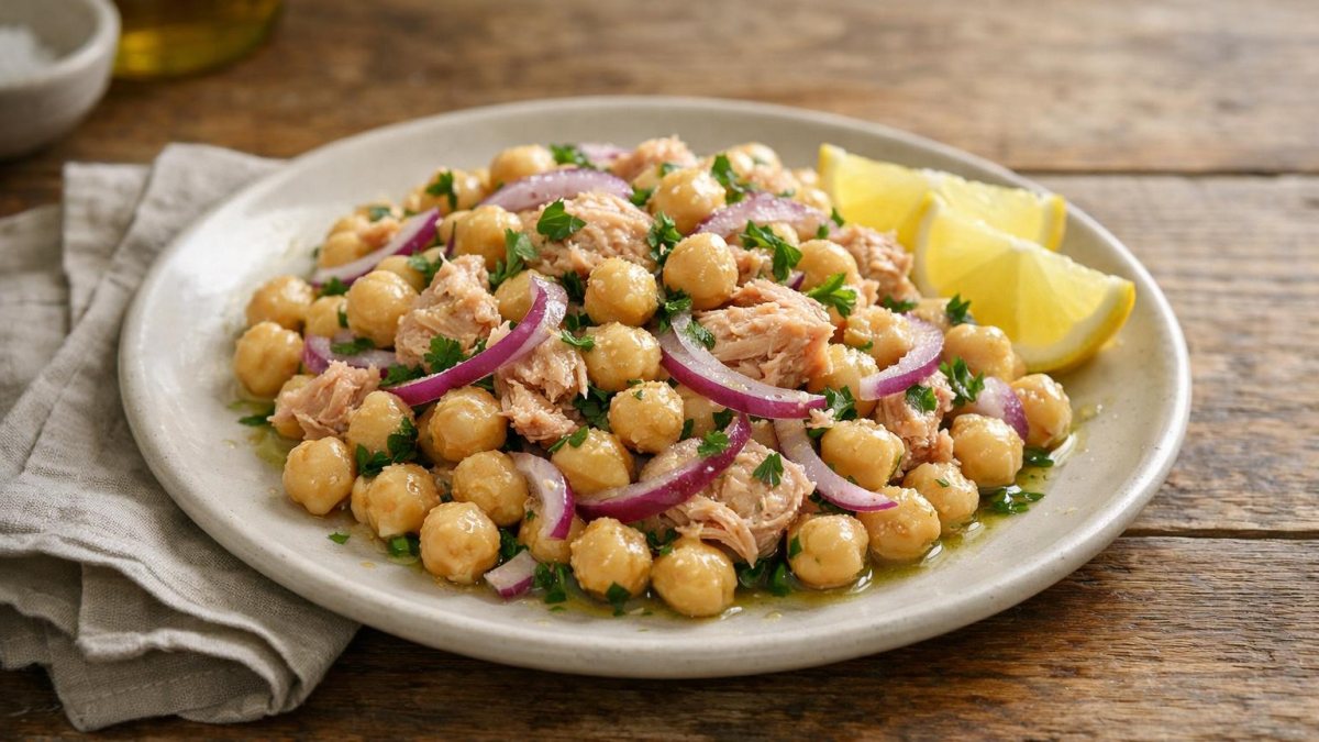 Un piatto di insalata di ceci e tonno