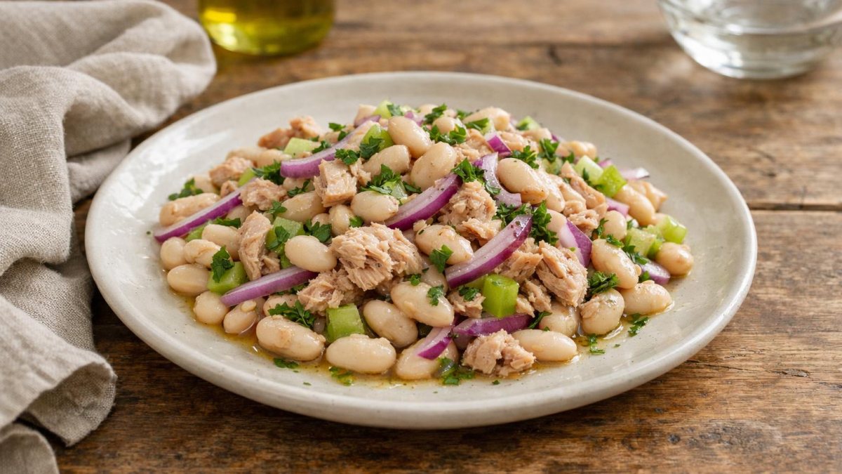 Un piatto di insalata di fagioli e tonno