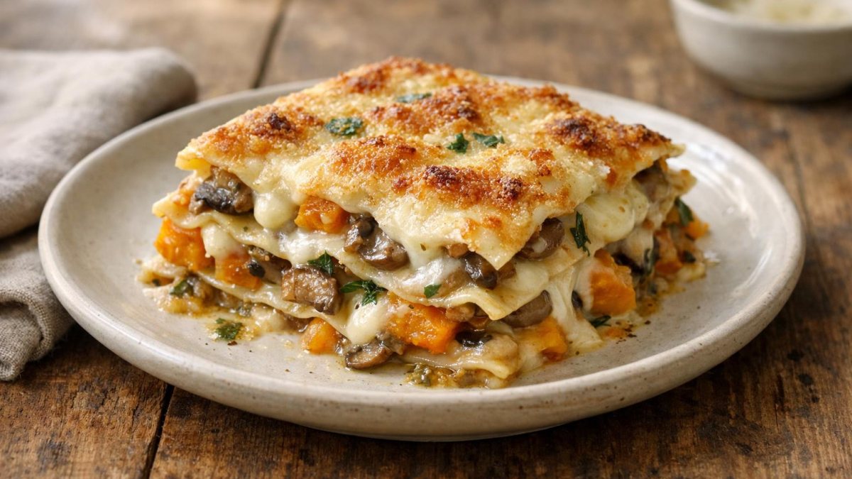 Un piatto di lasagne zucca e funghi