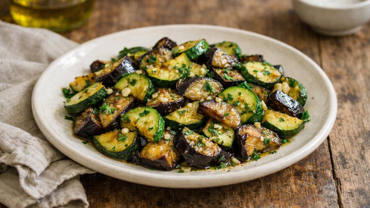 Un piatto di melanzane e zucchine in padella