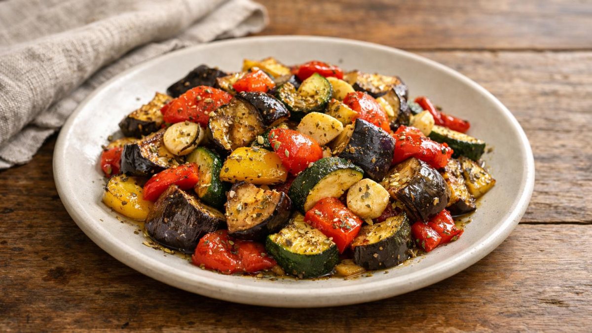 Un piatto di melanzane, peperoni e zucchine al forno