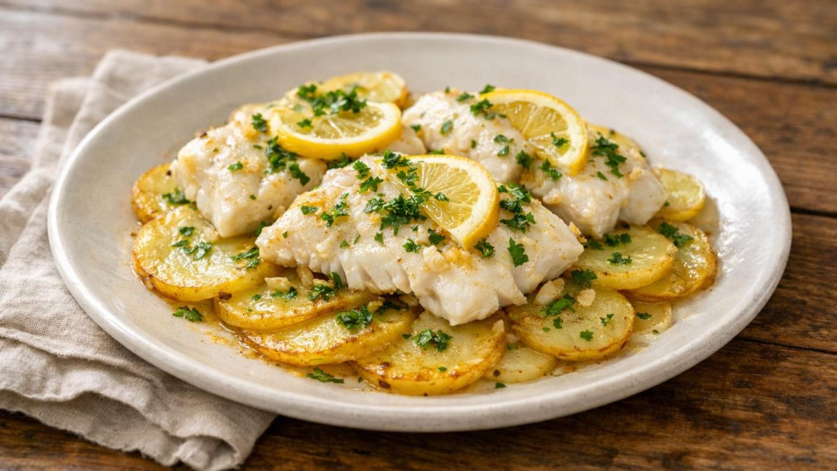 Un piatto di merluzzo al forno con patate