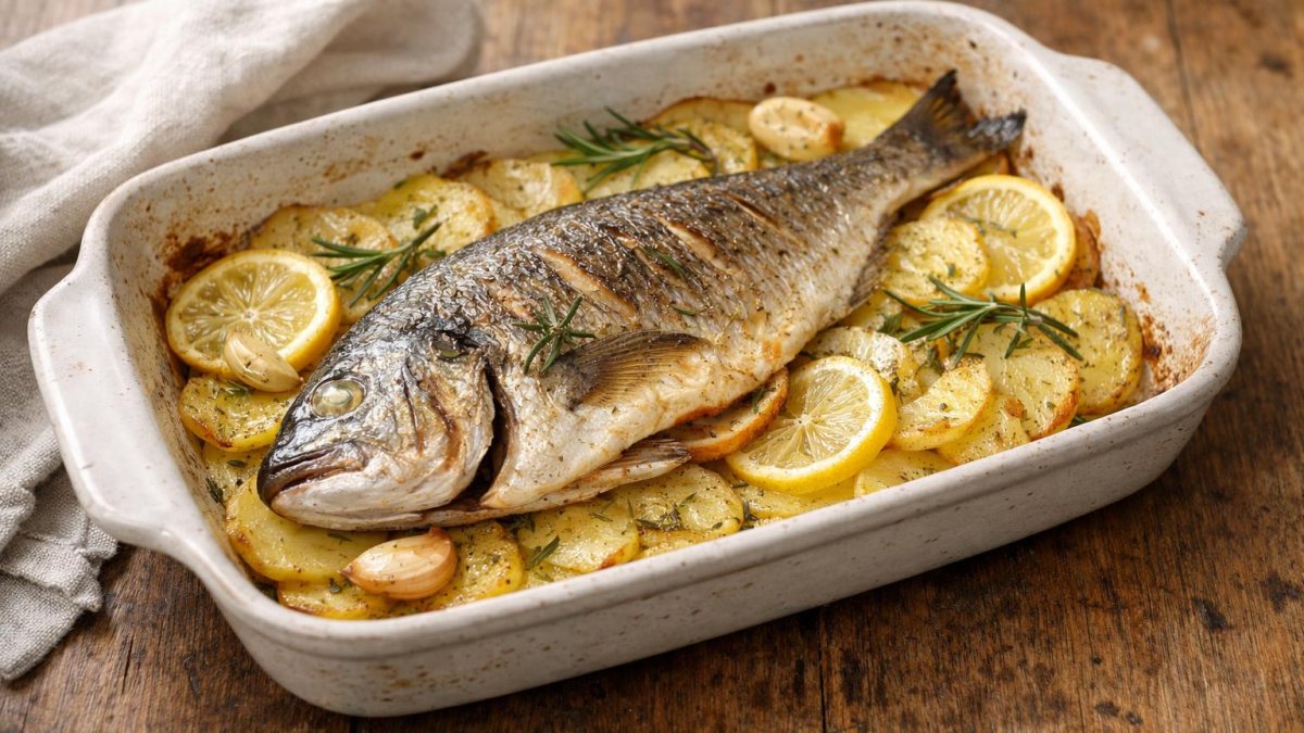 Un piatto di orata al forno con patate