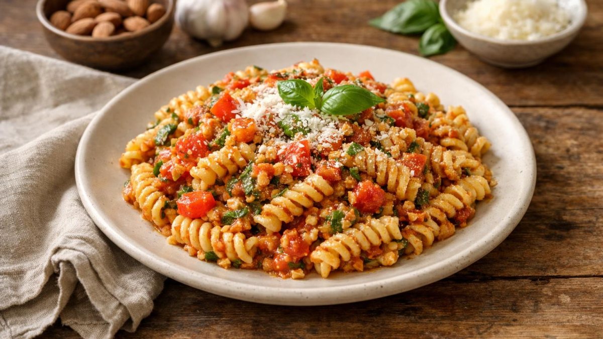Un piatto di pasta al pesto alla trapanese
