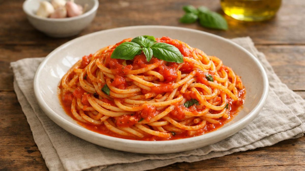 Un piatto di pasta al pomodoro e basilico