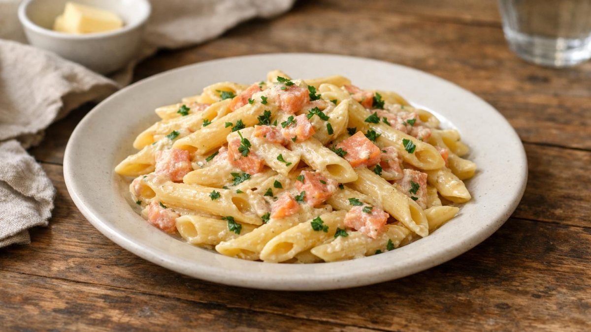 Un piatto di pasta al salmone affumicato