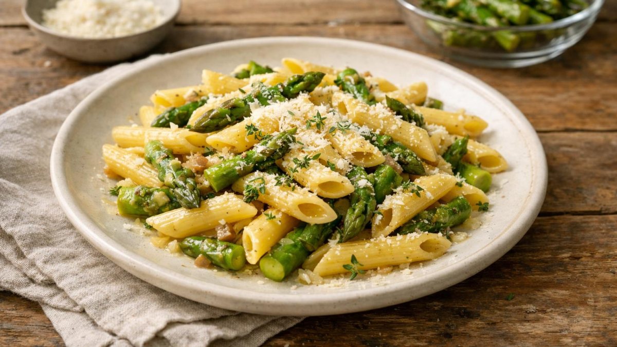 Un piatto di pasta con asparagi