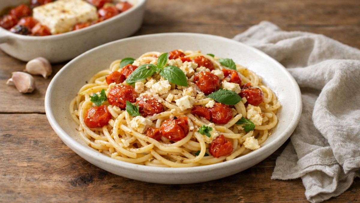 Un piatto di pasta con feta e pomodorini al forno