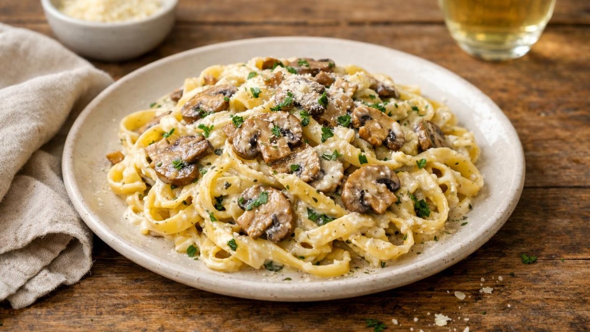 Un piatto di pasta con funghi e panna