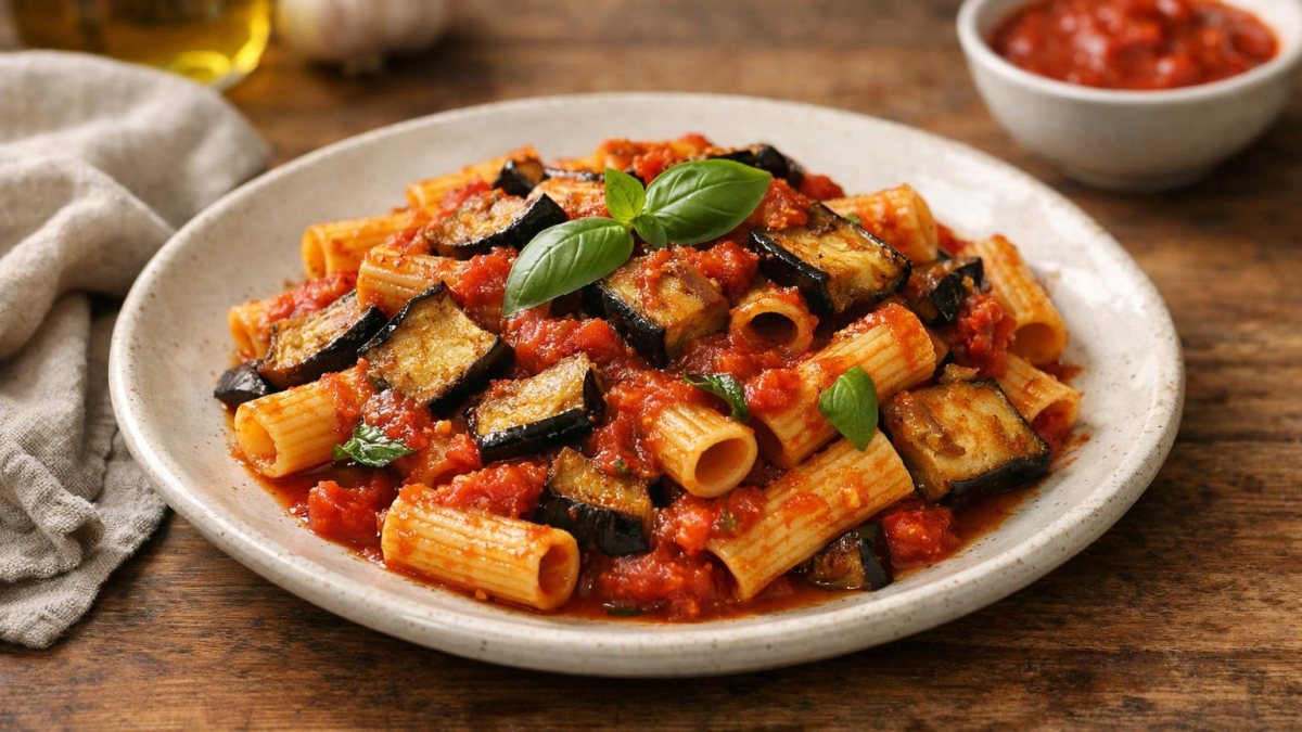 Un piatto di pasta con melanzane e pomodoro