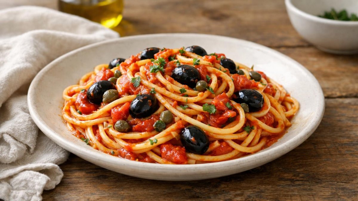 Un piatto di pasta con olive e capperi