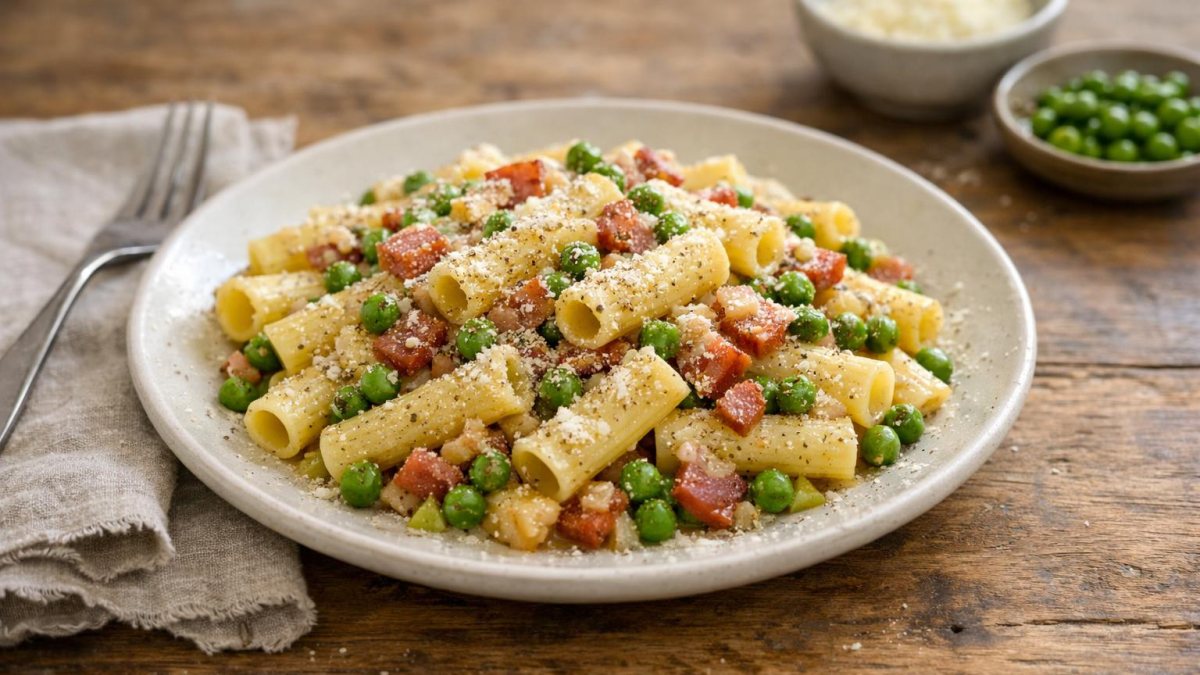 Un piatto di pasta con pancetta e piselli