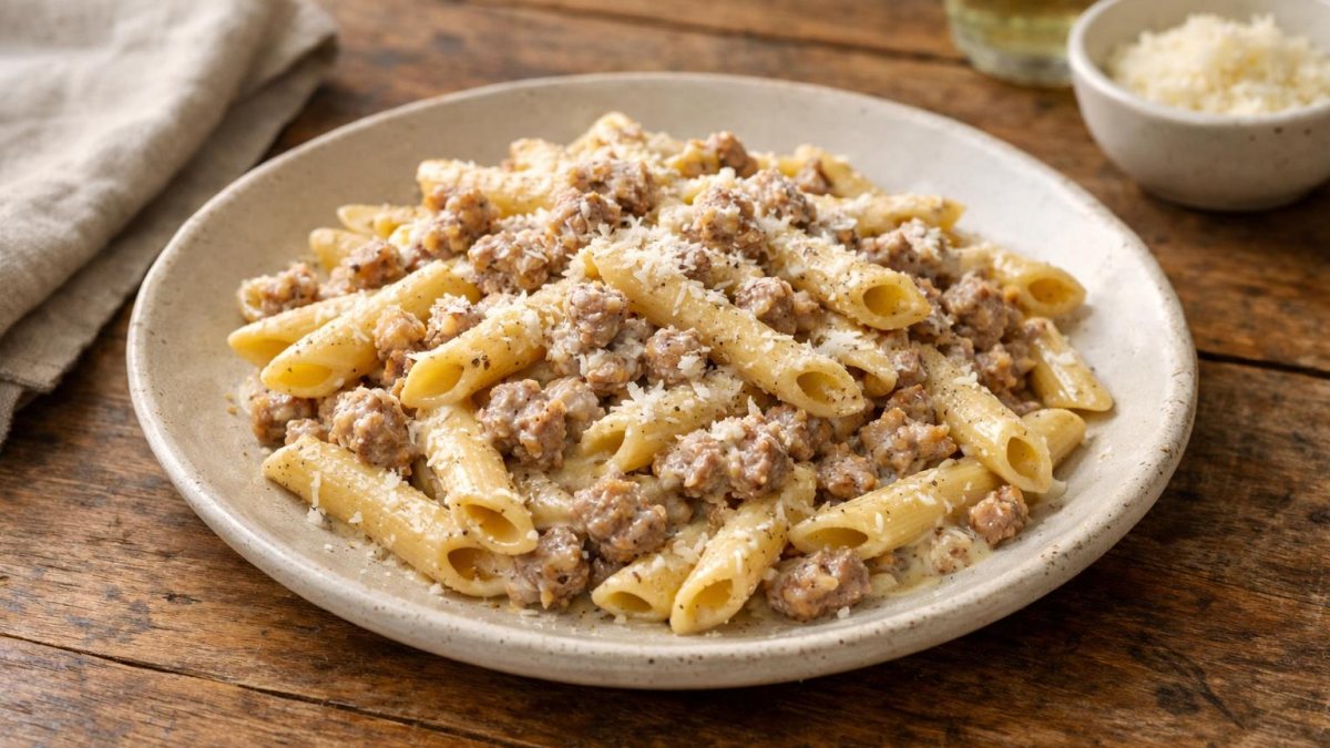 Un piatto di pasta con salsiccia e panna