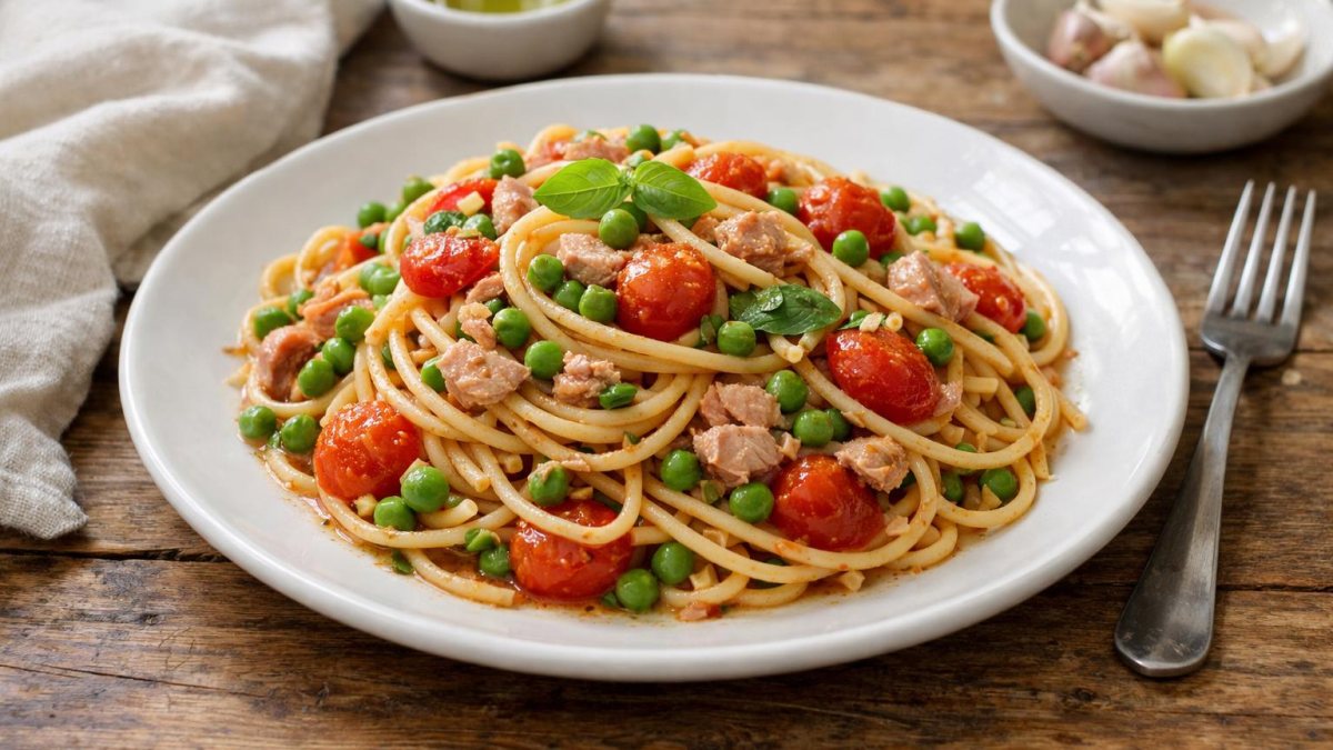 Un piatto di pasta con tonno e piselli