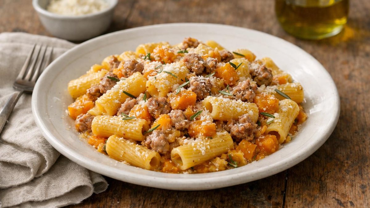 Un piatto di pasta con zucca e salsiccia