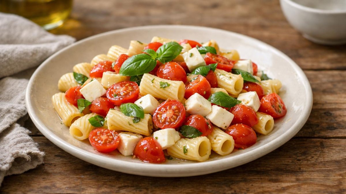 Un piatto di pasta fredda con pomodorini e mozzarella