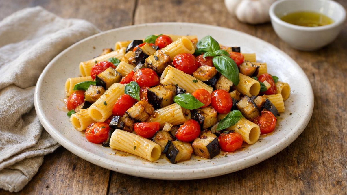 Un piatto di pasta melanzane e pomodorini