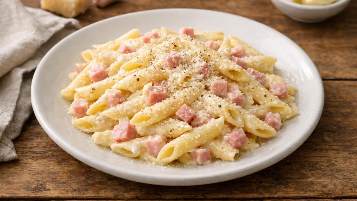Un piatto di pasta panna e prosciutto