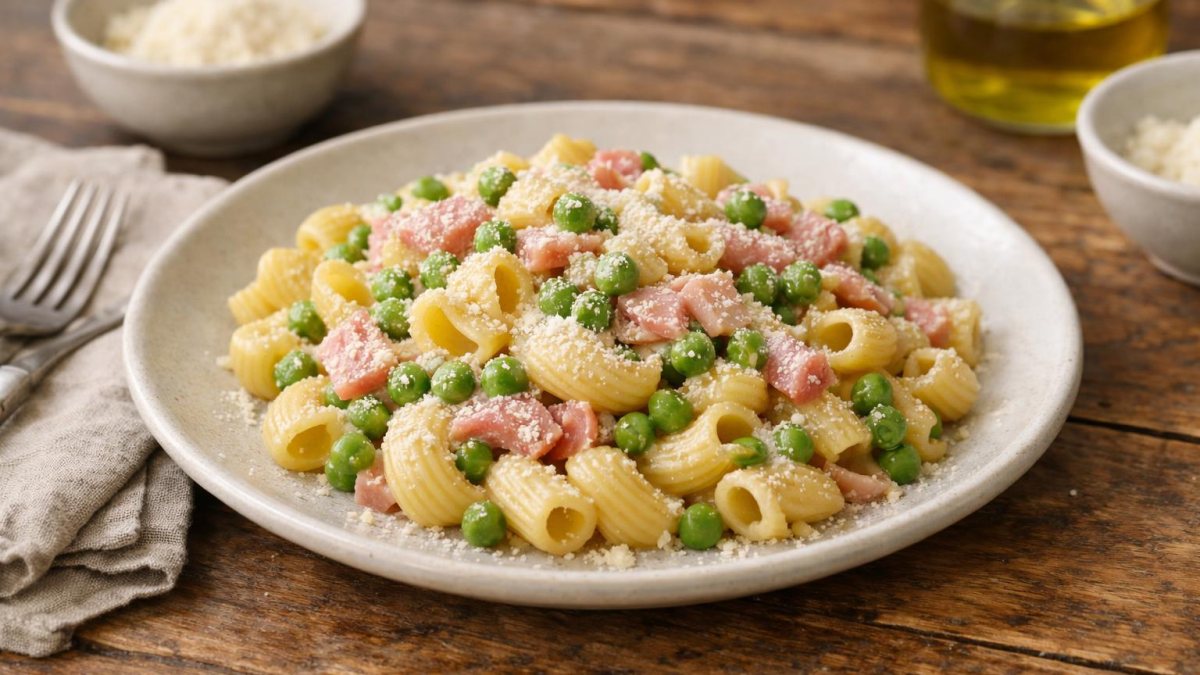 Un piatto di pasta piselli e prosciutto