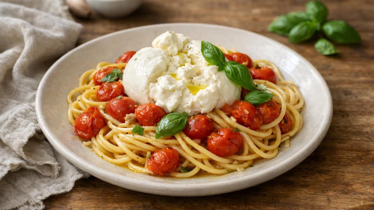 Un piatto di pasta pomodorini e burrata