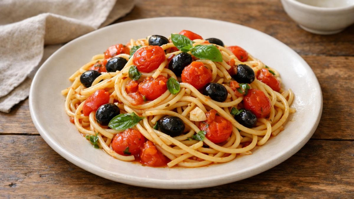Un piatto di pasta pomodorini e olive