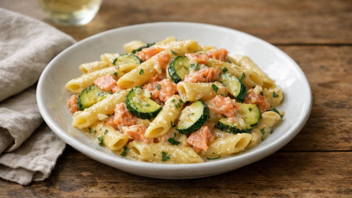 Un piatto di pasta salmone e zucchine