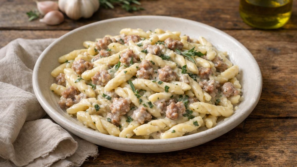Un piatto di pasta salsiccia e stracchino