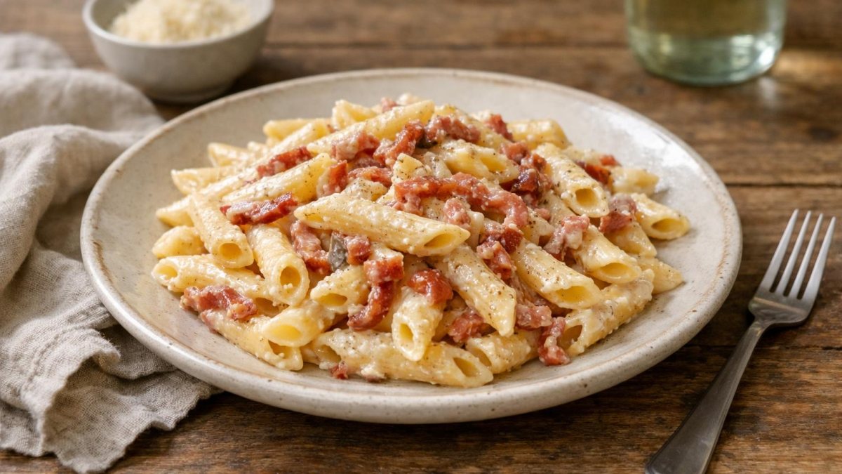 Un piatto di pasta speck e panna