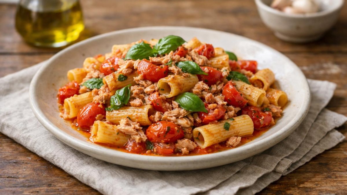 Un piatto di pasta tonno e pomodorini