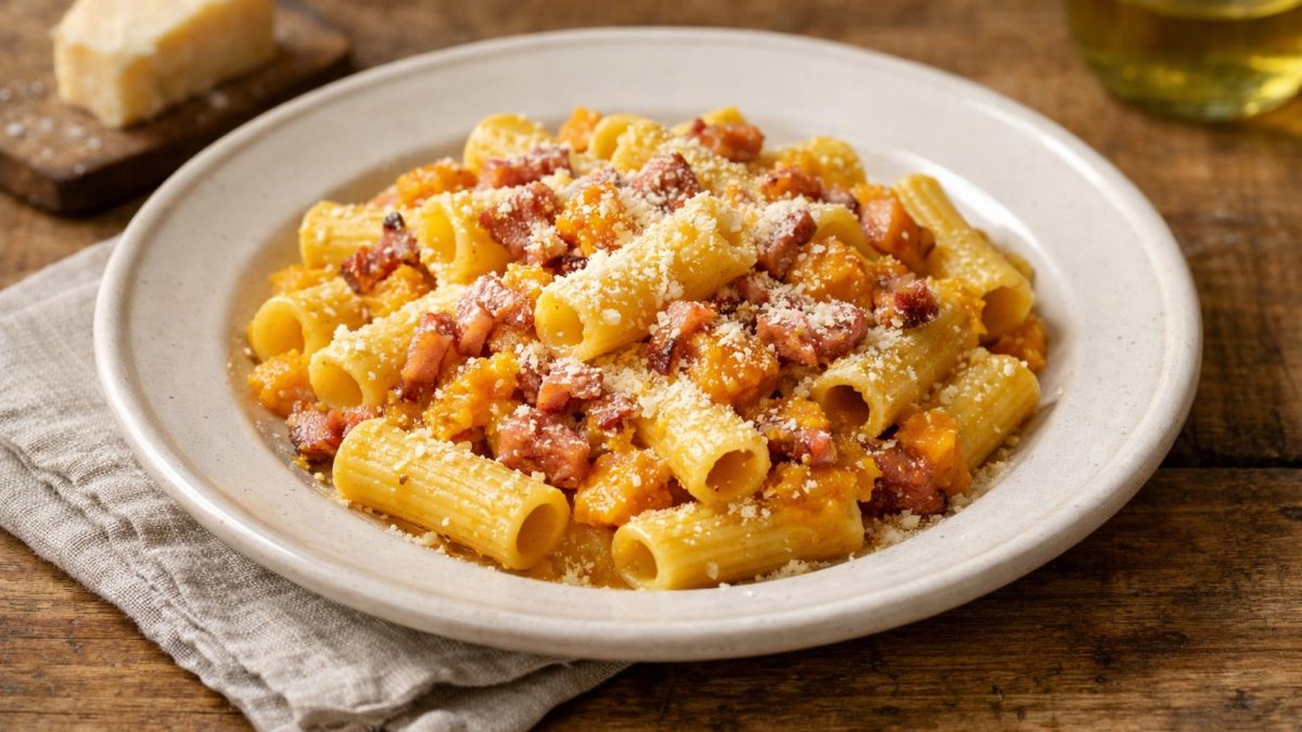 Un piatto di pasta zucca e pancetta