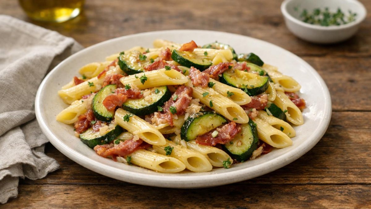 Un piatto di pasta zucchine e speck